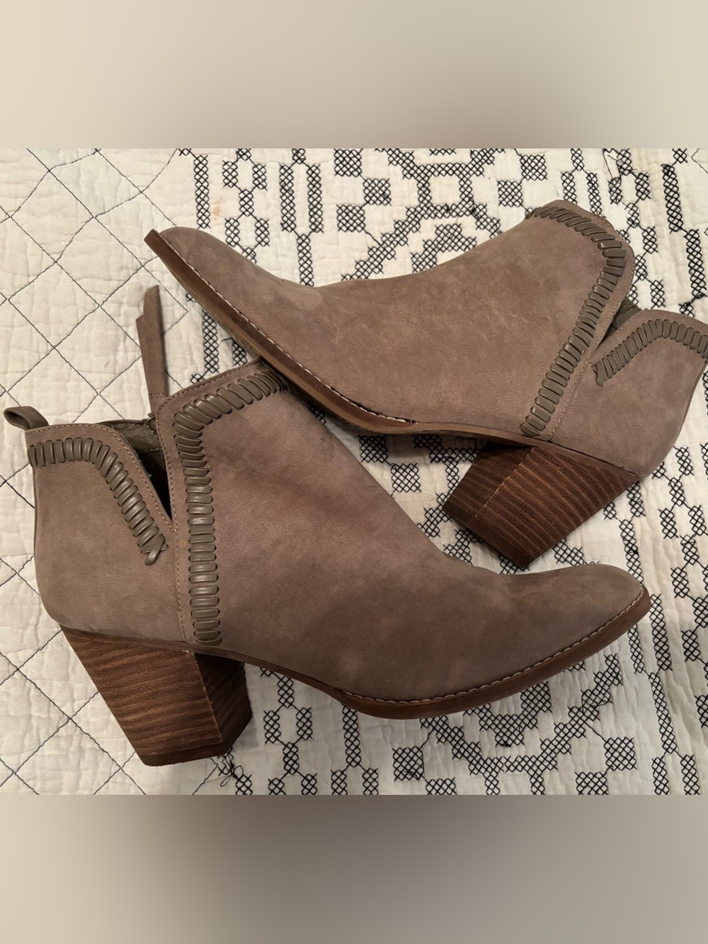 DV by Dolce Vita Taupe Suede Ankle Booties with Stacked Wood Heel 8.5